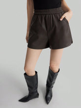 Ontre Women's Brown PU Casual Shorts, Solid Color Minimalist Style For Everyday Wear, Autumn/Winter